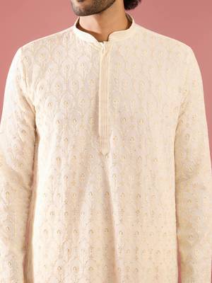 white sequin embroidered georgette kurta pyjama set | floral thread work with cream bottom 2