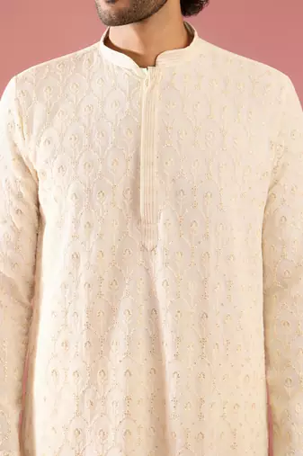 white sequin embroidered georgette kurta pyjama set | floral thread work with cream bottom