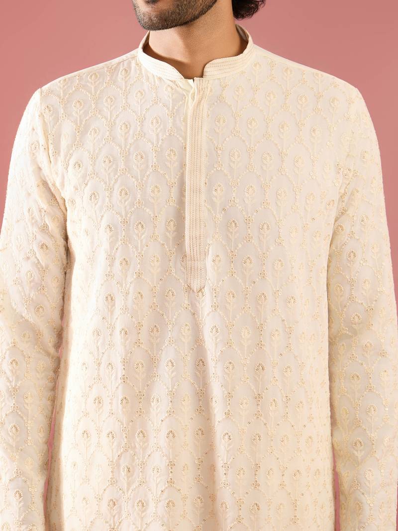 white sequin embroidered georgette kurta pyjama set | floral thread work with cream bottom