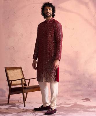 maroon ombre sequin georgette kurta with cream satin pyjama | festive ethnic set 2