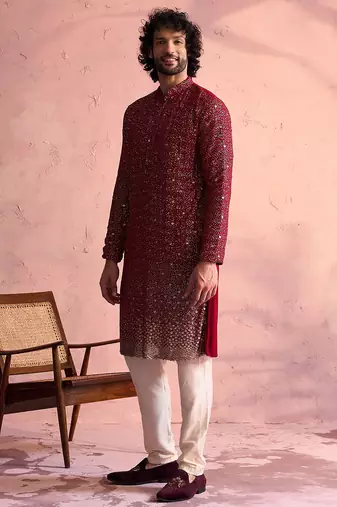 maroon ombre sequin georgette kurta with cream satin pyjama | festive ethnic set
