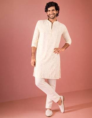 white sequin embroidered georgette kurta pyjama set | floral thread work with cream bottom 3