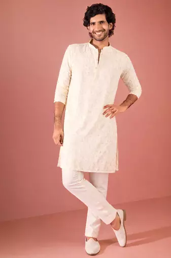 white sequin embroidered georgette kurta pyjama set | floral thread work with cream bottom