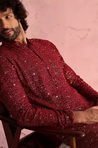 maroon ombre sequin georgette kurta with cream satin pyjama | festive ethnic set