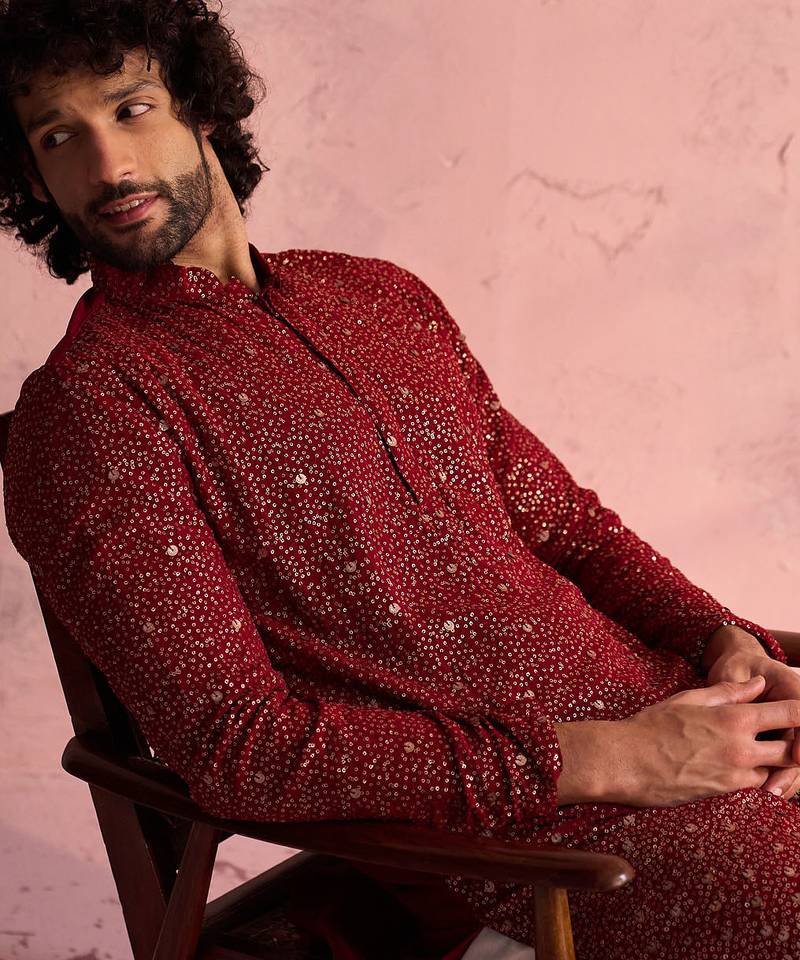maroon ombre sequin georgette kurta with cream satin pyjama | festive ethnic set