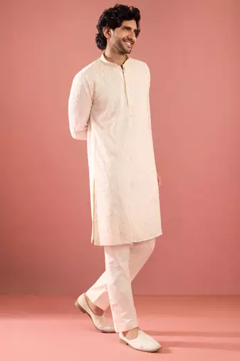 white sequin embroidered georgette kurta pyjama set | floral thread work with cream bottom