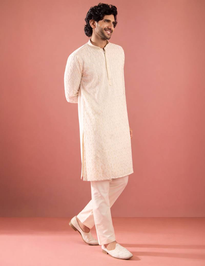 white sequin embroidered georgette kurta pyjama set | floral thread work with cream bottom