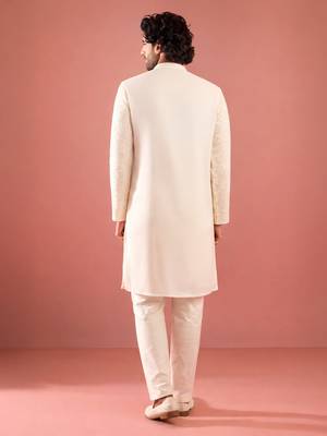 white sequin embroidered georgette kurta pyjama set | floral thread work with cream bottom 5