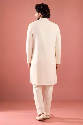 white sequin embroidered georgette kurta pyjama set | floral thread work with cream bottom