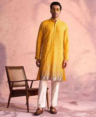 yellow ombre sequin georgette kurta with cream satin pyjama | festive ethnic set 1