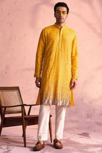 yellow ombre sequin georgette kurta with cream satin pyjama | festive ethnic set