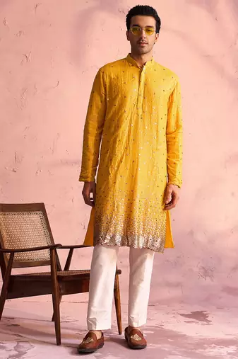 yellow ombre sequin georgette kurta with cream satin pyjama | festive ethnic set