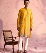 yellow ombre sequin georgette kurta with cream satin pyjama | festive ethnic set