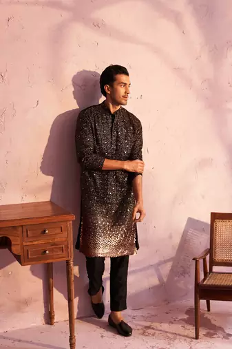 black ombre sequin georgette kurta with black satin pyjama | festive monochrome set