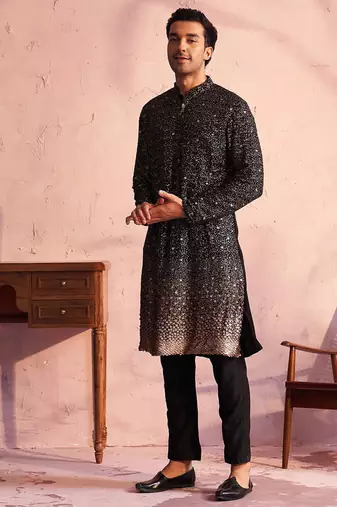 black ombre sequin georgette kurta with black satin pyjama | festive monochrome set