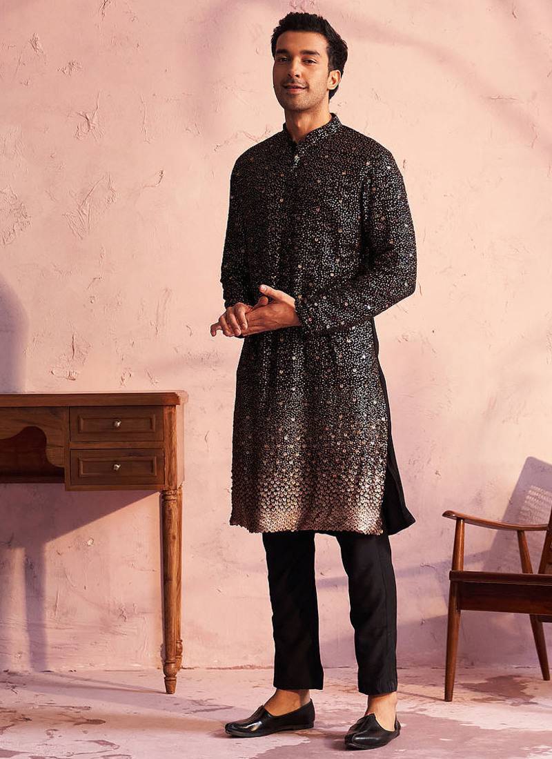 black ombre sequin georgette kurta with black satin pyjama | festive monochrome set