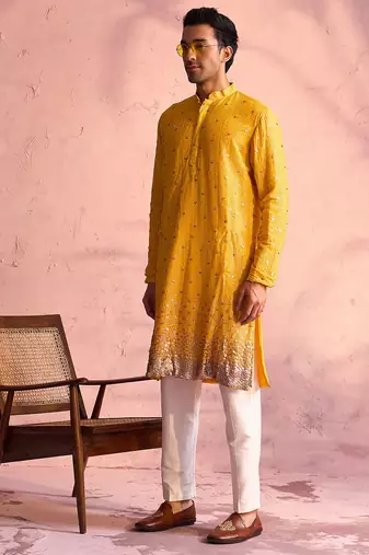 yellow ombre sequin georgette kurta with cream satin pyjama | festive ethnic set