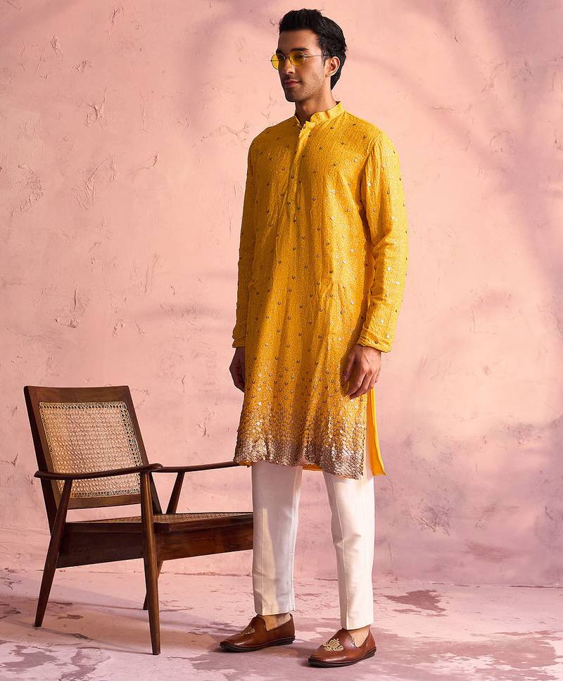 yellow ombre sequin georgette kurta with cream satin pyjama | festive ethnic set