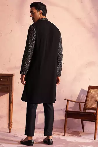 black ombre sequin georgette kurta with black satin pyjama | festive monochrome set