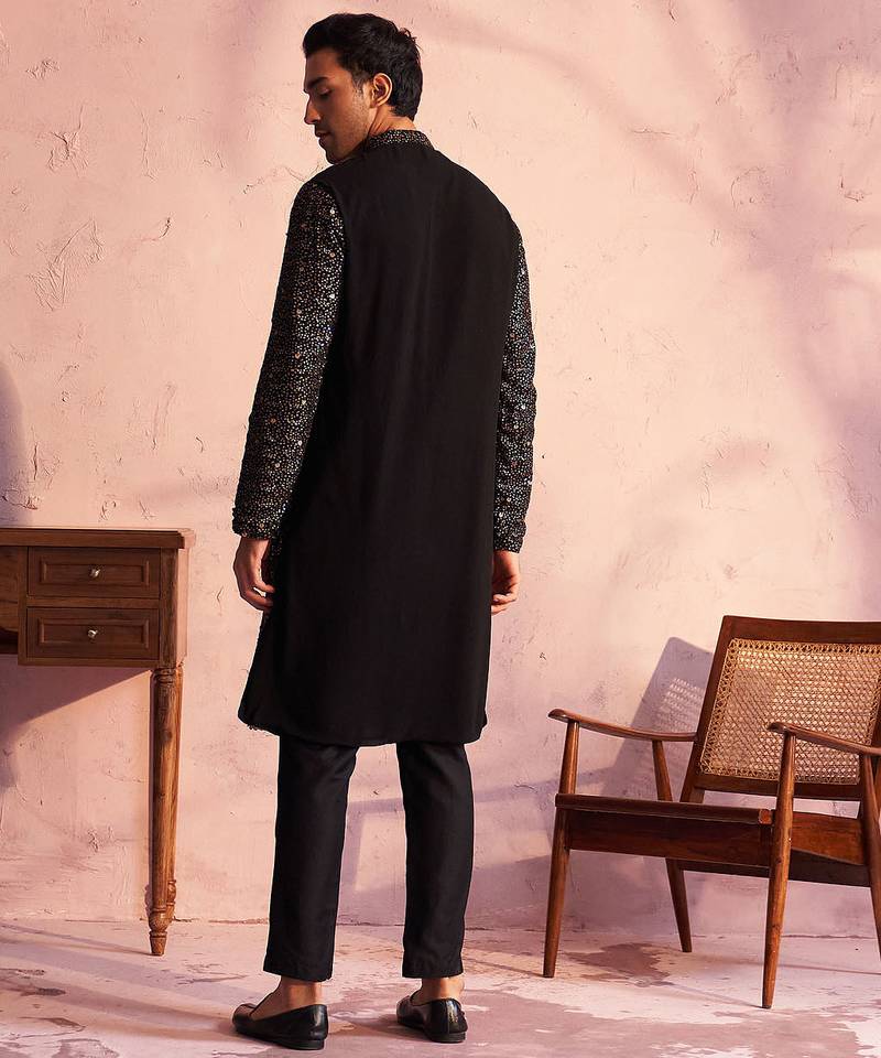 black ombre sequin georgette kurta with black satin pyjama | festive monochrome set