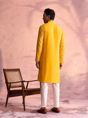 yellow ombre sequin georgette kurta with cream satin pyjama | festive ethnic set 3