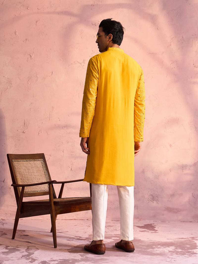 yellow ombre sequin georgette kurta with cream satin pyjama | festive ethnic set
