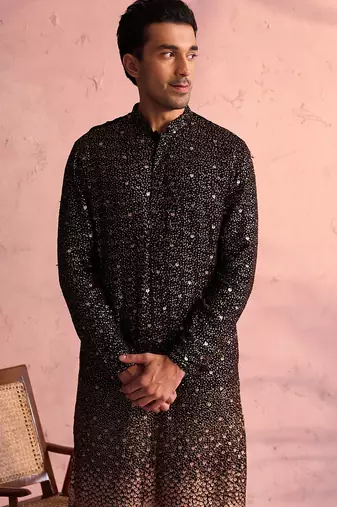 black ombre sequin georgette kurta with black satin pyjama | festive monochrome set