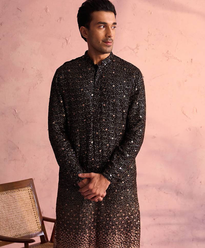 black ombre sequin georgette kurta with black satin pyjama | festive monochrome set