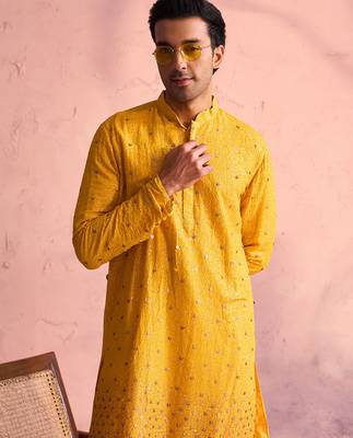 yellow ombre sequin georgette kurta with cream satin pyjama | festive ethnic set 4