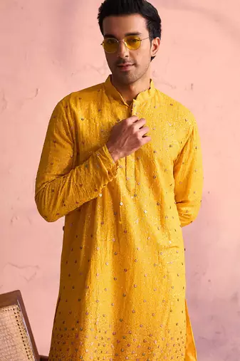 yellow ombre sequin georgette kurta with cream satin pyjama | festive ethnic set