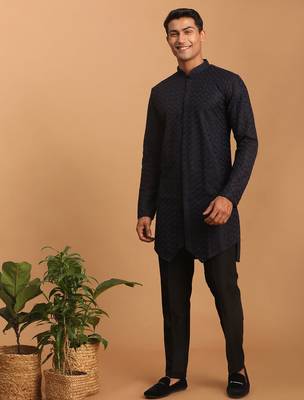 black jacquard silk blend kurta with black viscose pyjama | festive ethnic set 1