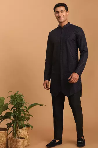 black jacquard silk blend kurta with black viscose pyjama | festive ethnic set
