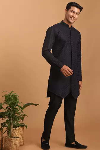 black jacquard silk blend kurta with black viscose pyjama | festive ethnic set