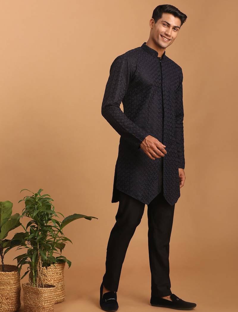 black jacquard silk blend kurta with black viscose pyjama | festive ethnic set