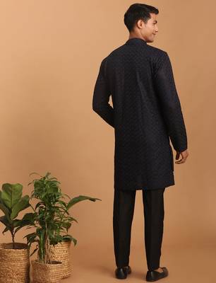 black jacquard silk blend kurta with black viscose pyjama | festive ethnic set 3