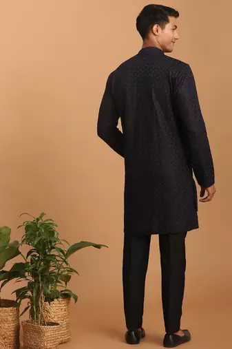 black jacquard silk blend kurta with black viscose pyjama | festive ethnic set