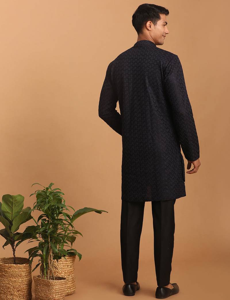 black jacquard silk blend kurta with black viscose pyjama | festive ethnic set