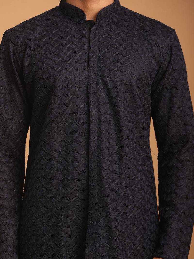 black jacquard silk blend kurta with black viscose pyjama | festive ethnic set
