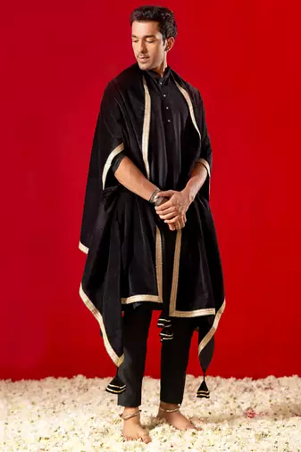 black silk blend kurta pyjama set with velvet dupatta | festive wedding wear