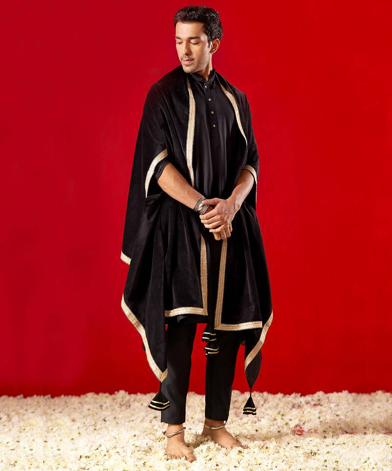 black silk blend kurta pyjama set with velvet dupatta | festive wedding wear