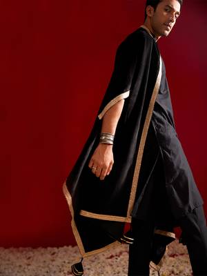 black silk blend kurta pyjama set with velvet dupatta | festive wedding wear 2