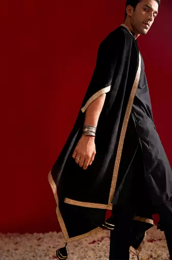 black silk blend kurta pyjama set with velvet dupatta | festive wedding wear