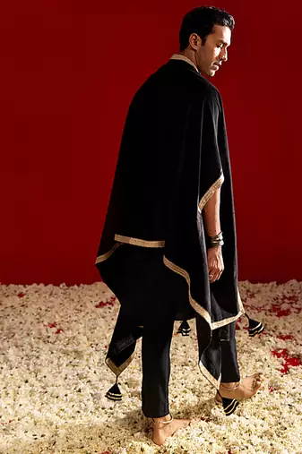 black silk blend kurta pyjama set with velvet dupatta | festive wedding wear