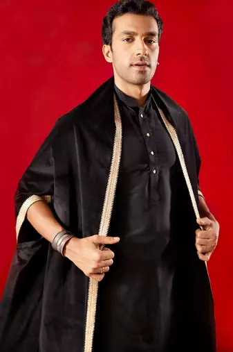 black silk blend kurta pyjama set with velvet dupatta | festive wedding wear
