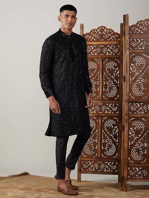 black sequin georgette kurta with black satin pyjama | festive velvet detail set 1