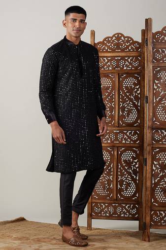 black sequin georgette kurta with black satin pyjama | festive velvet detail set