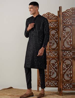 black sequin georgette kurta with black satin pyjama | festive velvet detail set 2