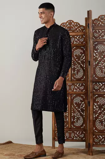 black sequin georgette kurta with black satin pyjama | festive velvet detail set