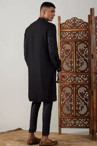 black sequin georgette kurta with black satin pyjama | festive velvet detail set