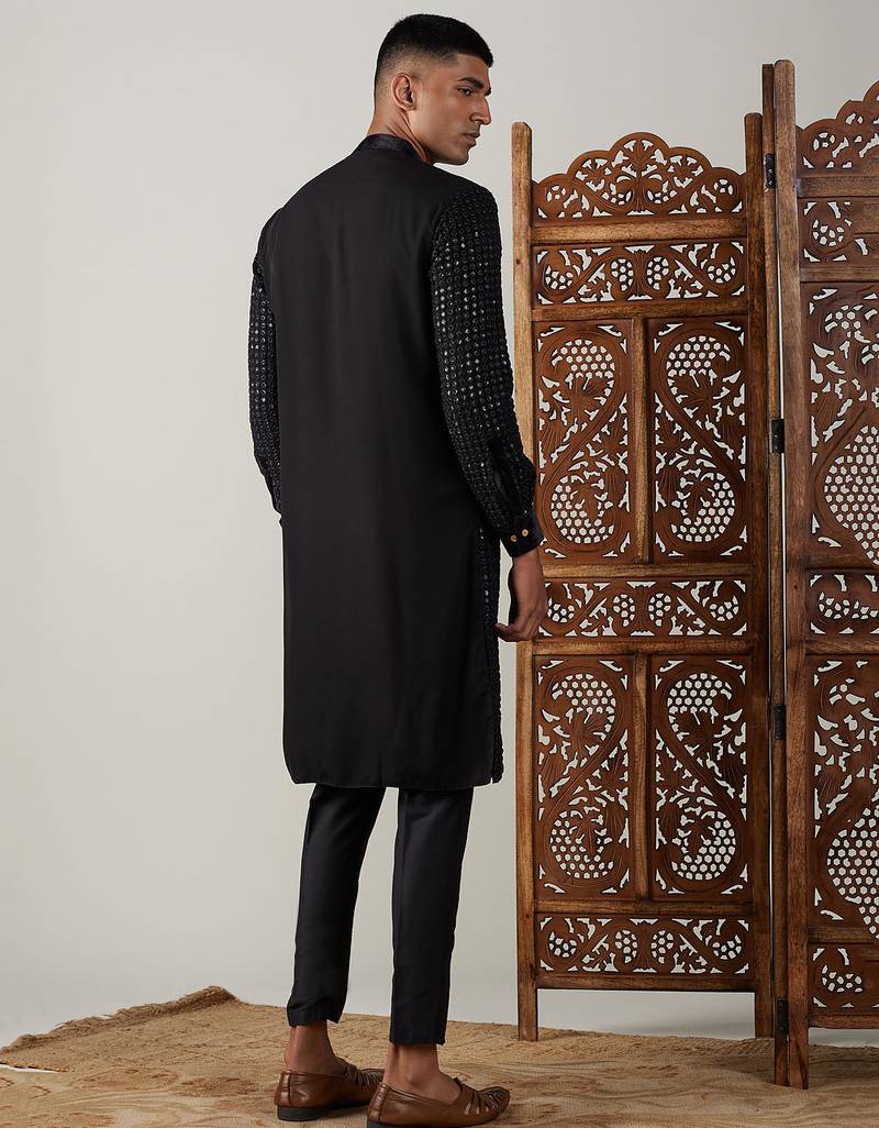 black sequin georgette kurta with black satin pyjama | festive velvet detail set